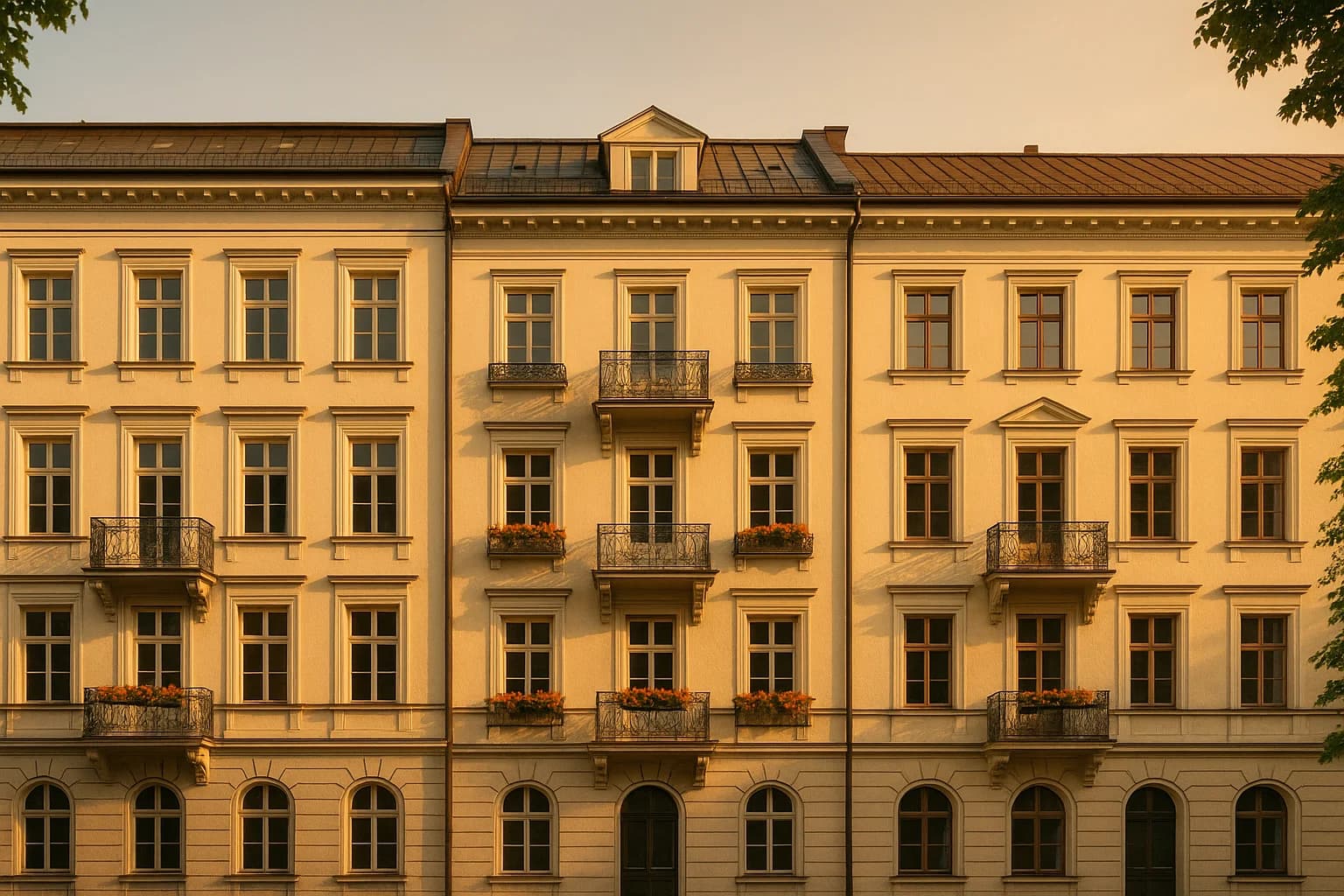 Moderne Wohnanlage in München bei Sonnenuntergang